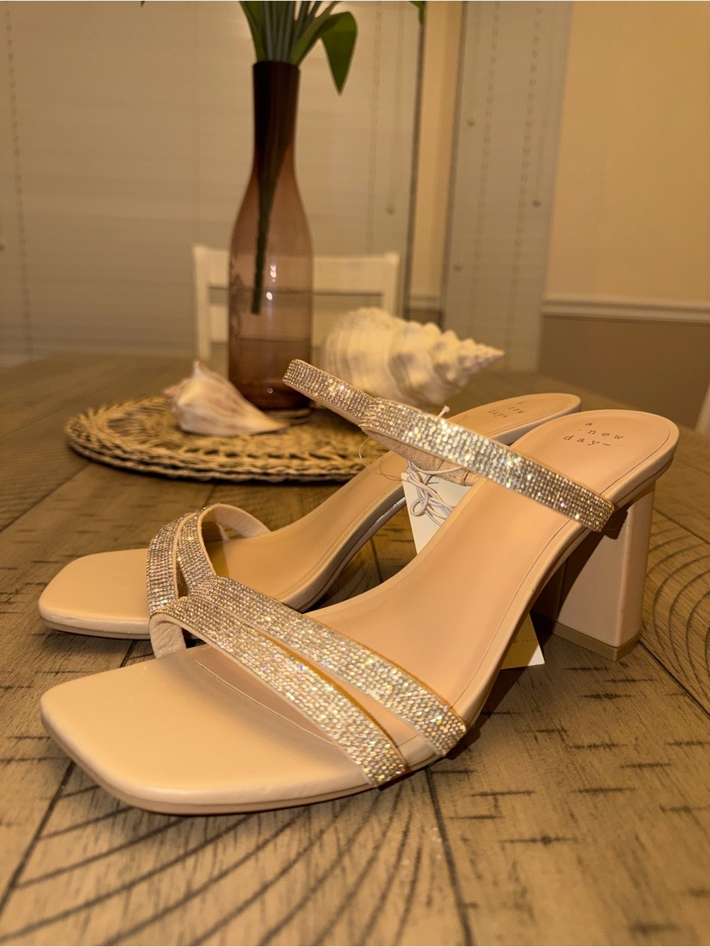 a new day Beige Rhinestone Block Heel Slide Sandals